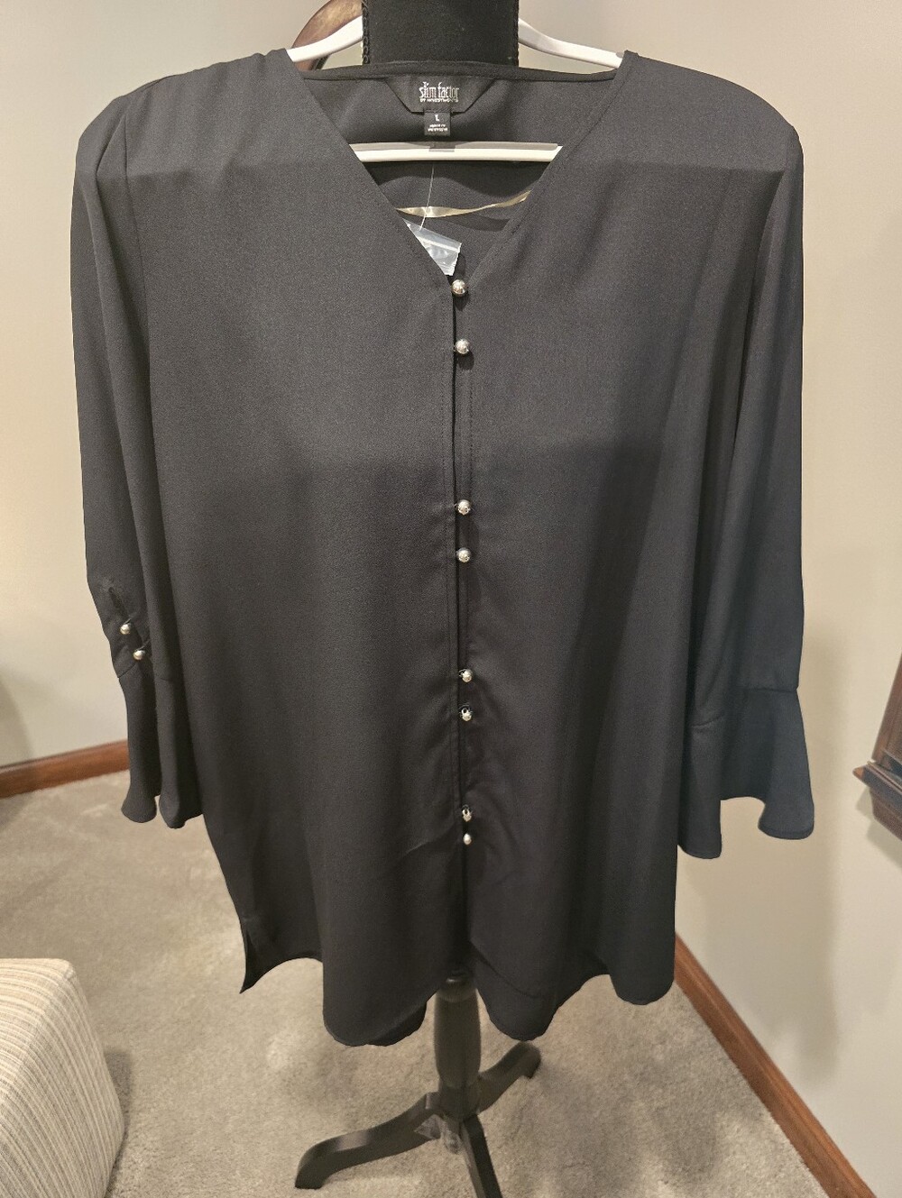 Investments Black V-Neck Blouse with Pearl Buttons